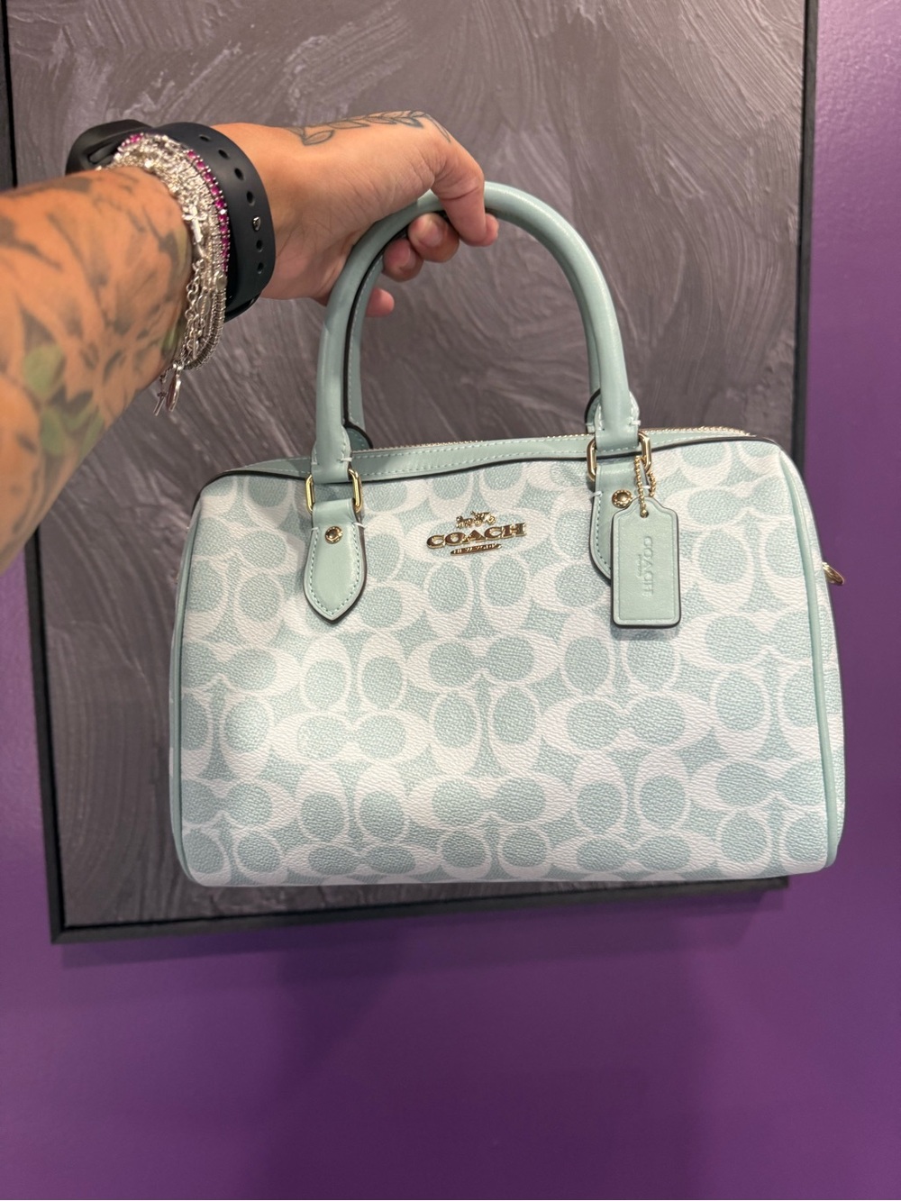 COACH Signature Satchel in Gold/Light Blue